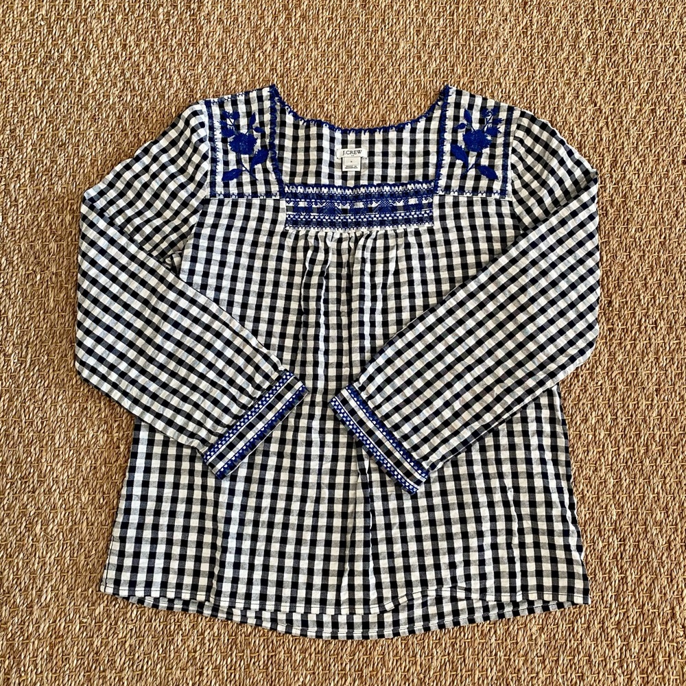 J Crew Gingham Top with Embroidery Size S